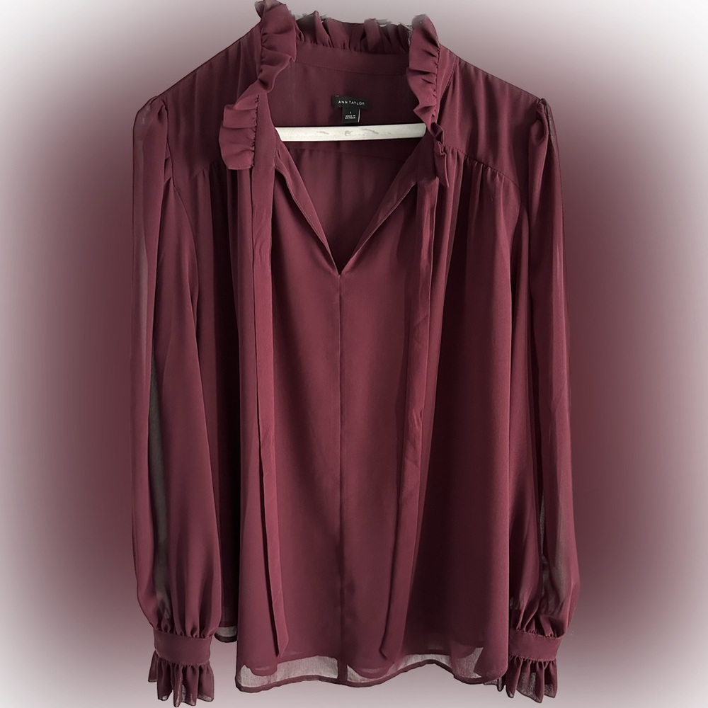 Ann Taylor RUFFLE TIE NECK BLOUSE IN MAUVE ROSE-Large